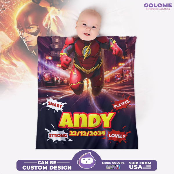 Personalized Baby Superhero Blanket – The Flash Style with Custom Name & Birthday